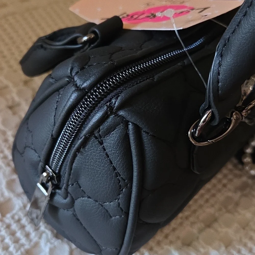 Luv Betsy By Betsy Johnson Black Heart Quilted Barrel Satchel Crossbody Bag